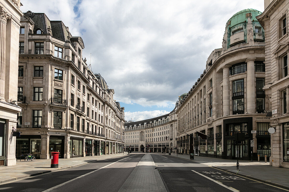 View along an empty Regent Street in London during the Corona virus crisis.