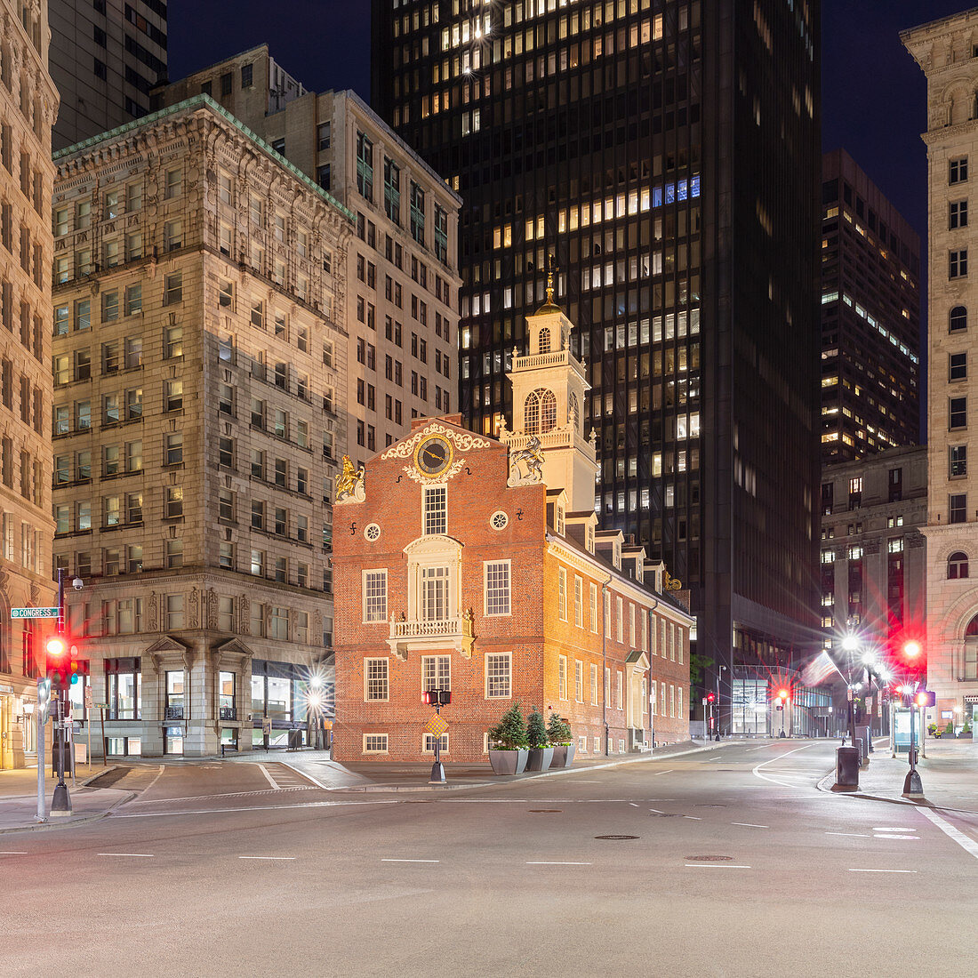 Exterior of the Old State House, Boston, Massachusetts, USA at night, during the Corona virus crisis.