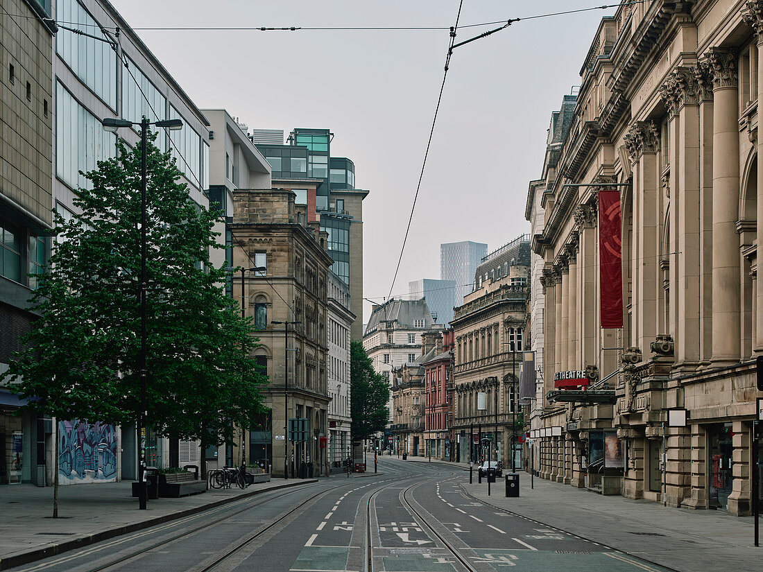 Deserted city centre streets in Manchester during lockdown period in the Coronavirus pandemic.
