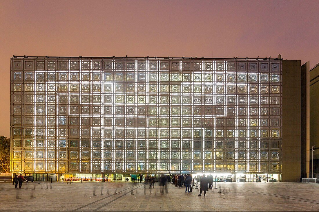 France, Paris, Institut du Monde Arabe (IMA), designed by architects Jean Nouvel and Architecture-Studio, white Night 2017