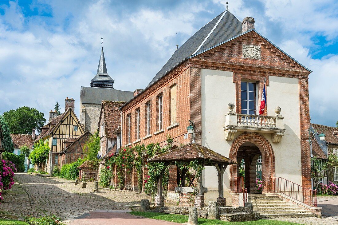 France, Oise, Gerberoy, village of Picard Pays de Bray labeled Most Beautiful Villages of France, 18th century covered market and town hall in Henri Le Sidaner street