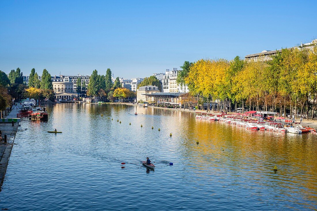 France, Paris, La Villette Basin, the largest artificial waterway in Paris that connects the Ourcq Canal to the Canal Saint-Martin
