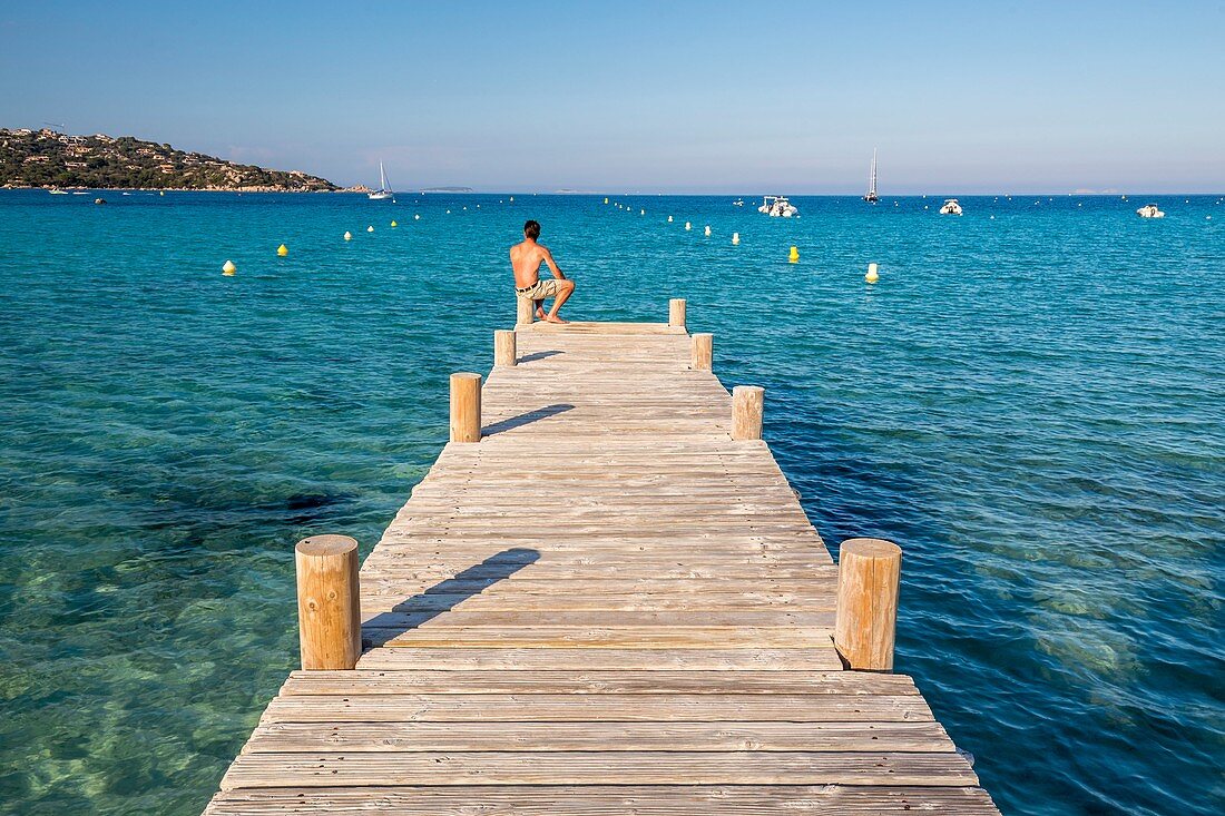 France, South Corsica, Porto-Vecchio, Gulf of Santa Giulia, wooden pontoon