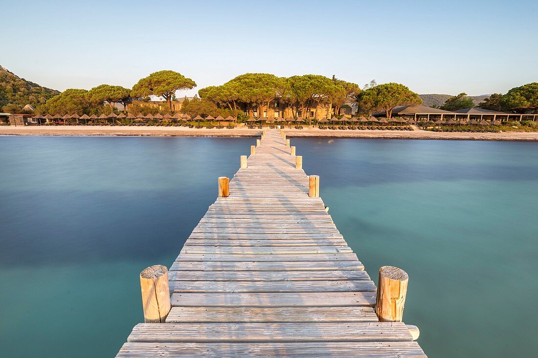 France, South Corsica, Porto-Vecchio, Gulf of Santa Giulia, wooden pontoon