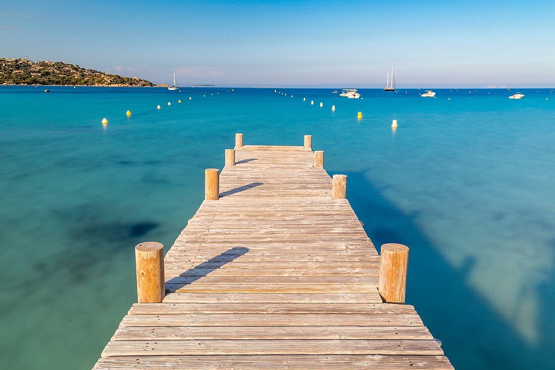 France, South Corsica, Porto-Vecchio, Gulf of Santa Giulia, wooden pontoon