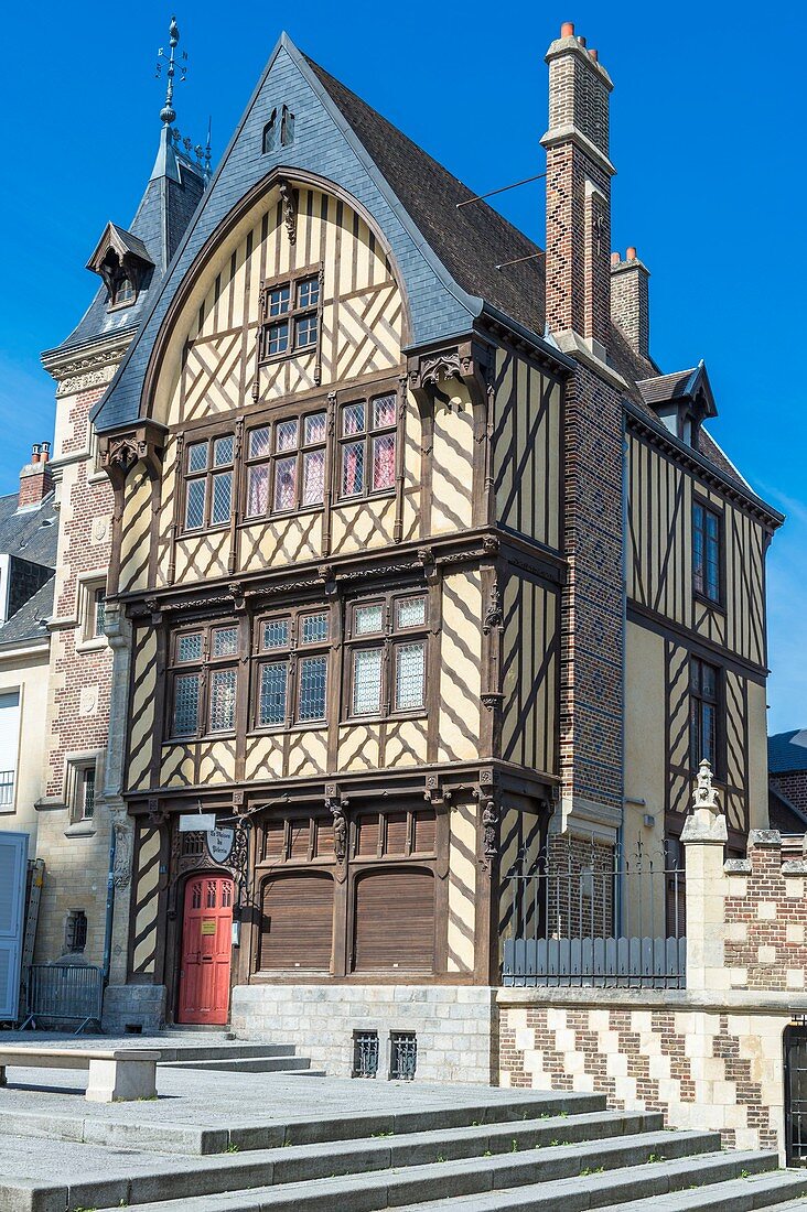 France, Somme, Amiens, Notre-Dame square, house of the pilgrim, reconstruction of a former place where pilgrims were lodged, today houses cultural associations