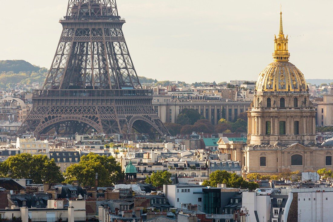 France, Paris, general view with the Dôme des Invalides and the Eiffel Tower