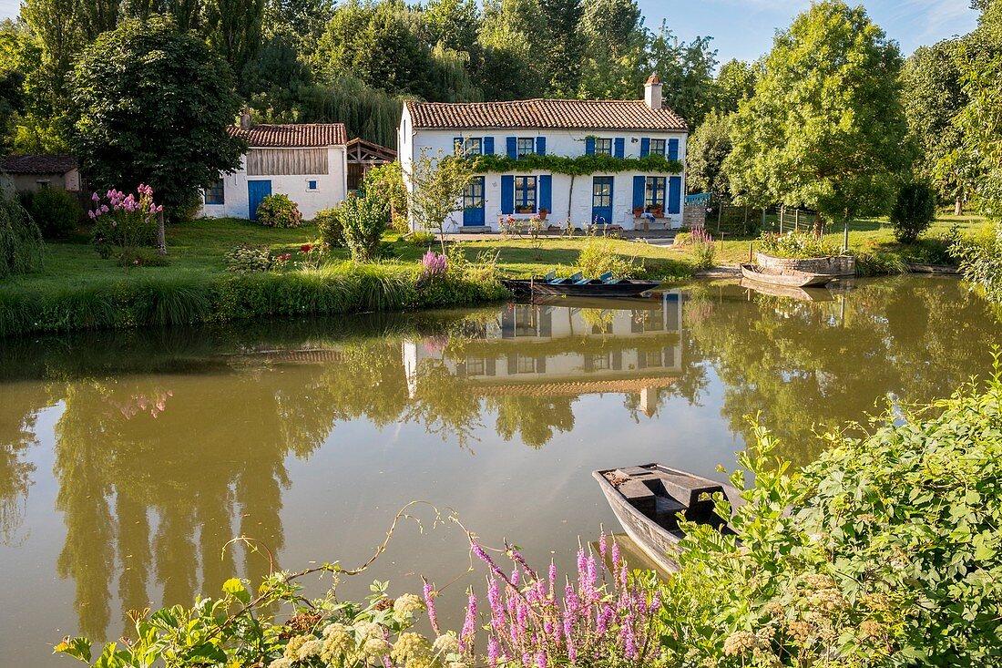 Frankreich, Deux Sevres, Marais Poitevin, Grünes Venedig, Coulon, bezeichnet als Les Plus Beaux Villages de France (Die schönsten Dörfer Frankreichs), typisches Gärtnereihaus am Ufer des Sevre Niortaise