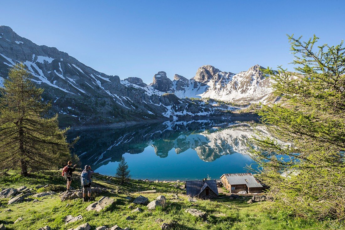 France, Alpes de Haute Provence, Mercantour National Park, Haut Verdon, the lake of Allos (2226 m), the refuge of the lake of Allos, in the background the Tours du Lac