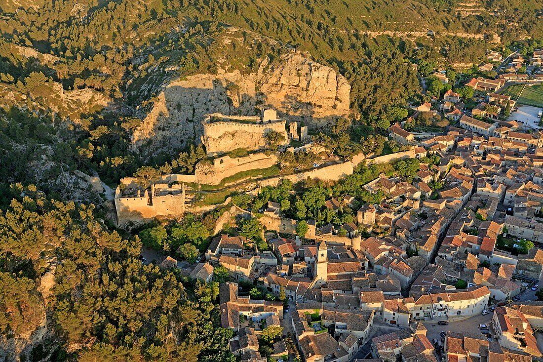 France, Bouches du Rhone, Boulbon, feodal castle (11th) listed as historic monument (aerial view)