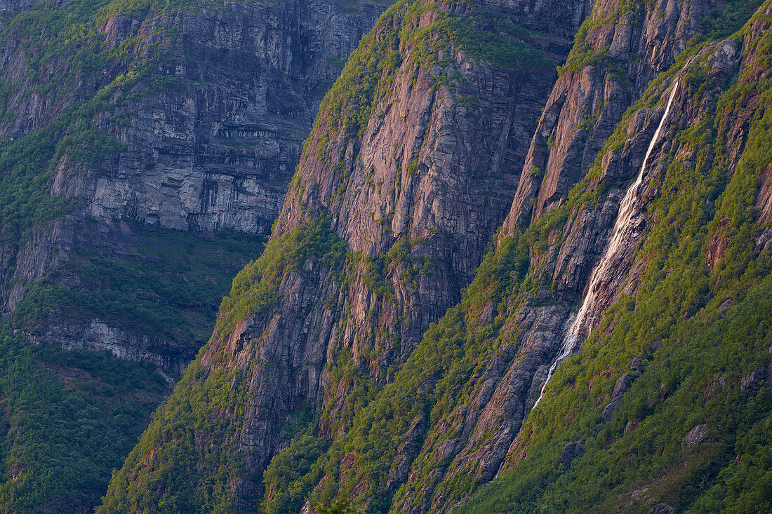 Mountain slope in the evening light in Kjenndal, Sogn og Fjordane, Norway, Europe