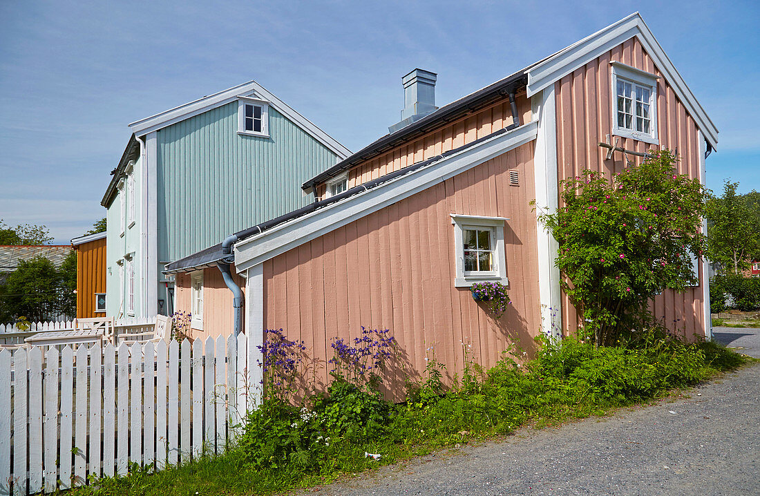 Mosjoen, old partly renovated wooden building on the quayside, Nordland, Norway, Europe