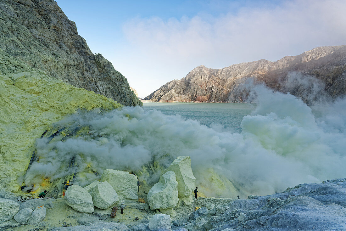 Sulfur springs at the crater lake of Gunung Ijen in the east of Java, Indonesia, Southeast Asia, Asia