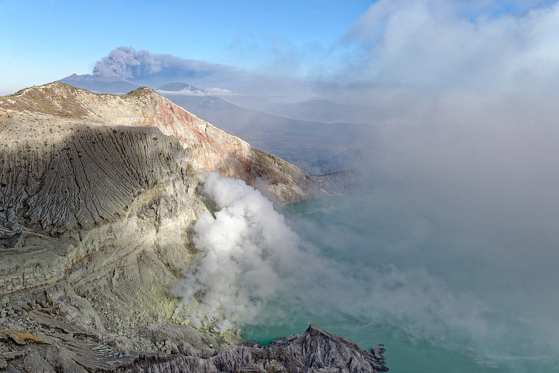 The acid lake and the sulfur springs in the Ijen crater, Java Island, Indonesia, Southeast Asia, Asia