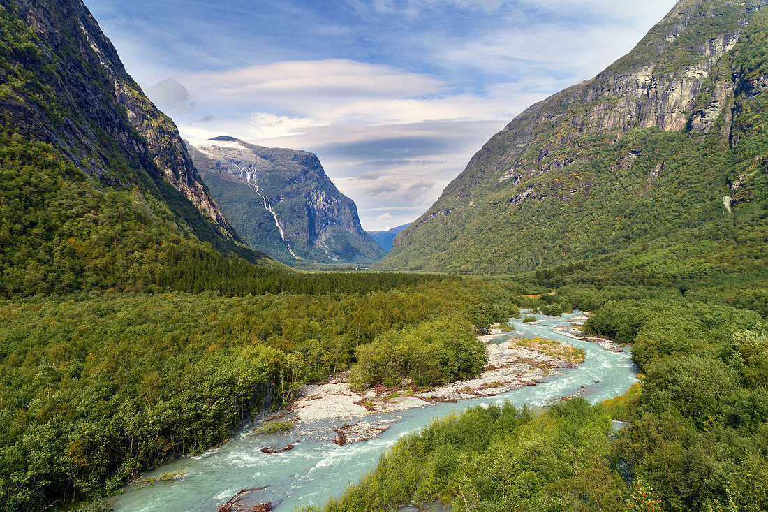 River, waterfall, fjord, mountains, forest, Fjord Norway, Norway, Europe