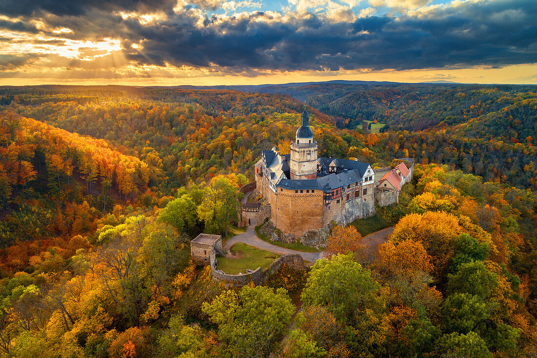 Falkenstein, aerial view, castle, autumn, forest, Harz, Saxony-Anhalt, Germany, Europe