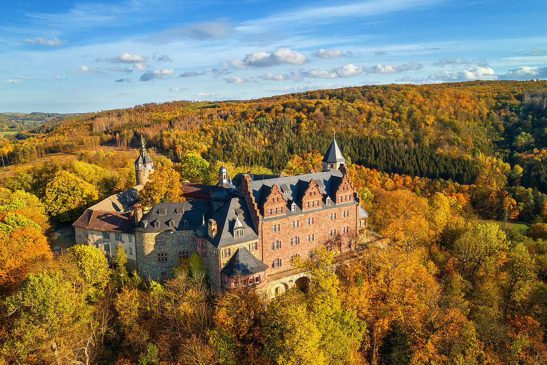 Rammelburg, aerial view, castle, autumn, forest, Harz, Saxony-Anhalt, Germany, Europe