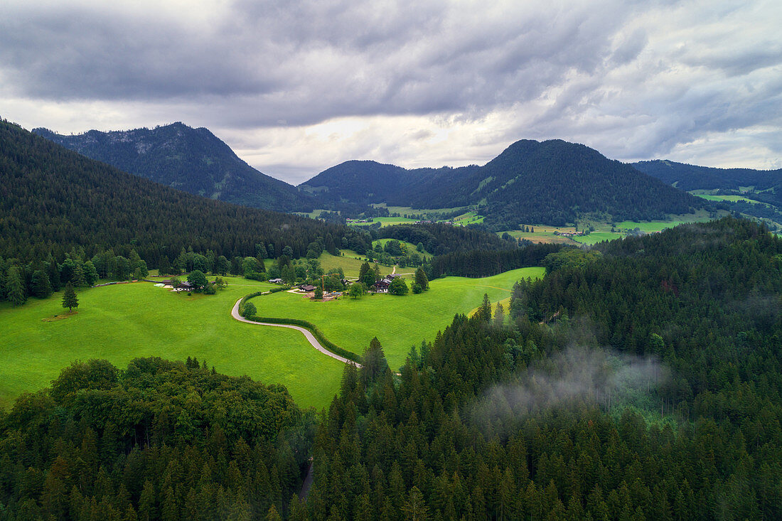 Aerial view, morning, Alm, Alps, Ramsau, Berchtesgaden, Bavaria, Germany, Europe