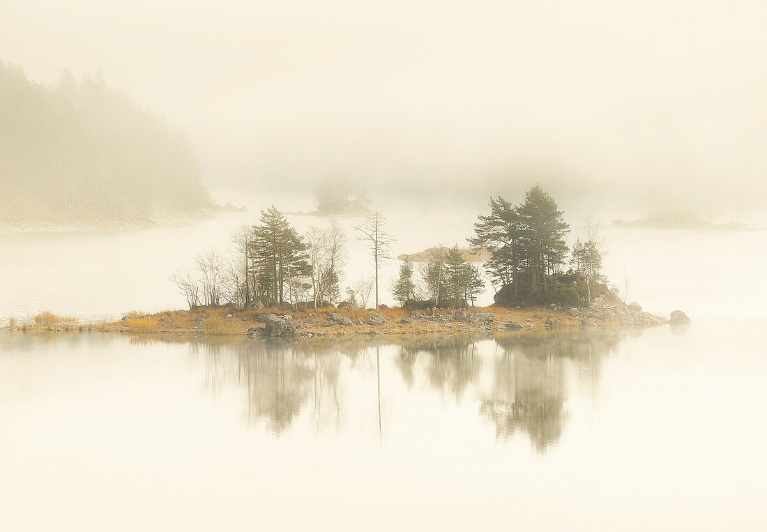 Insel im Eibsee im Morgennebel im Herbst, Grainau, Oberbayern, Bayern, Deutschland, Europa