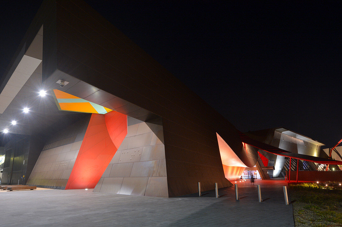 The National Museum of Australia Canberra at night at the Australian Capital Territory.The museum holds the world's largest collection of Aboriginal bark paintings and stone tool.