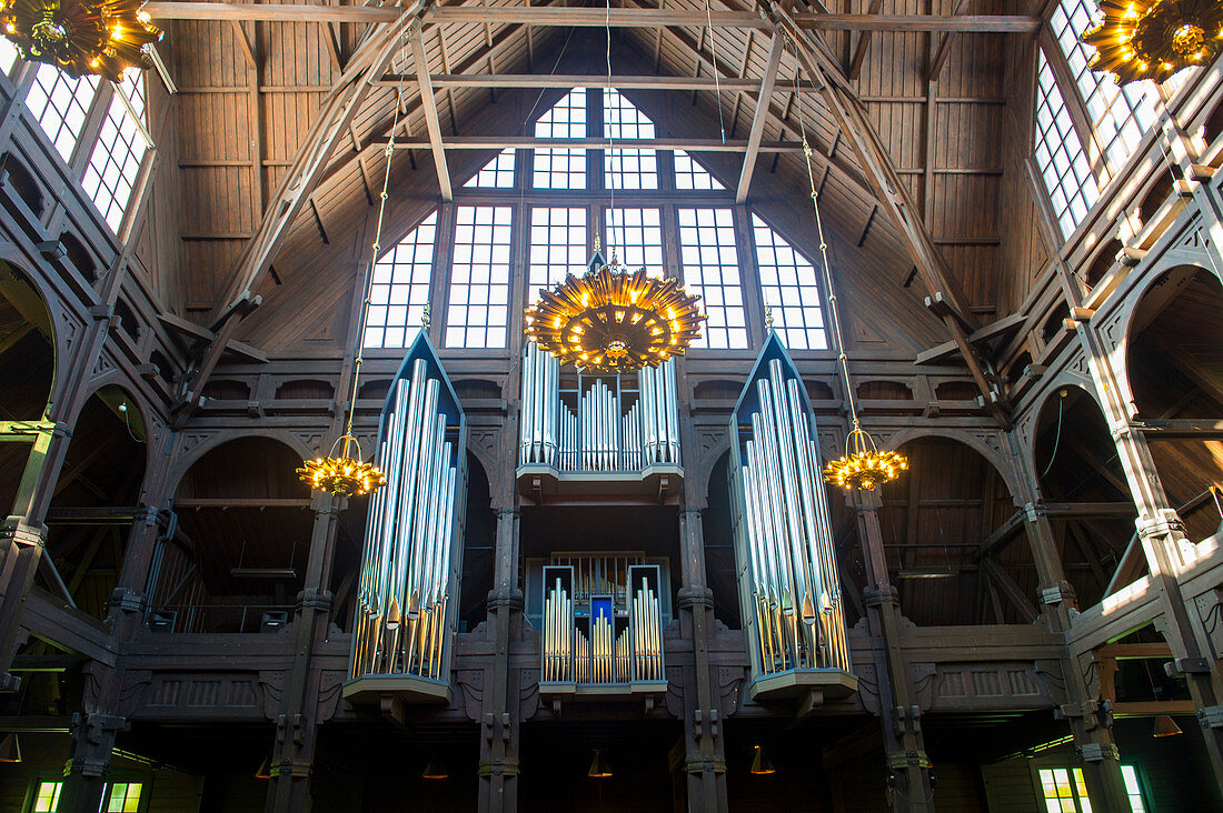 View of the organ in the Kiruna Church, one of largest wooden buildings in Sweden, built between 1909 to 1912 in a Gothic Revival style in Swedish Lapland; northern Sweden.