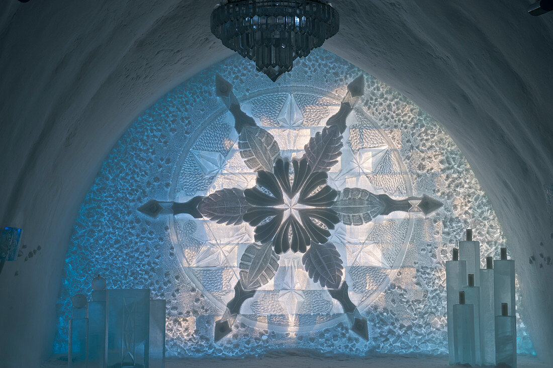 The Ceremony Hall in the classic Icehotel in Jukkasjarvi near Kiruna in Swedish Lapland; northern Sweden.