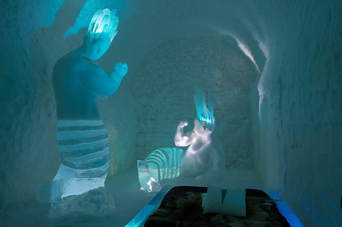 Cold Rooms in the ICEHOTEL 365 which was launched in 2016 and is a permanent structure offering year round the stay in the Icehotel in Jukkasjarvi near Kiruna in Swedish Lapland; northern Sweden.