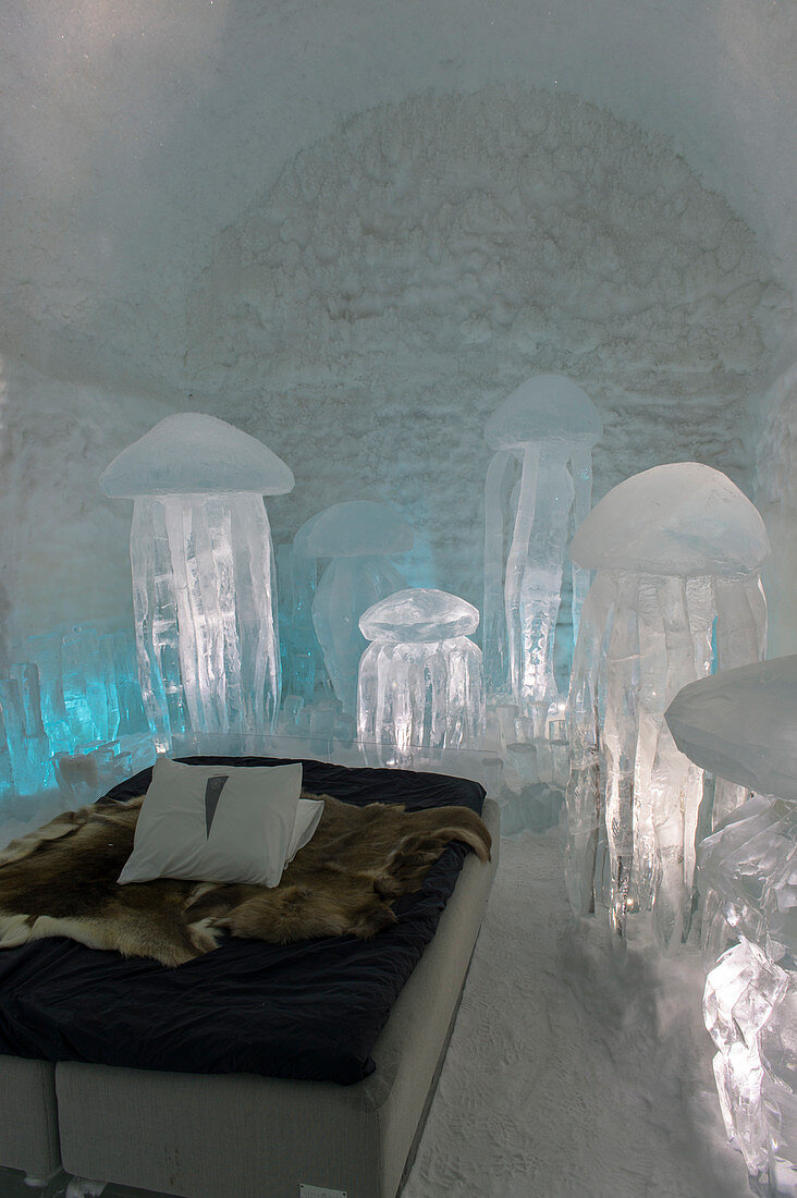 Cold Rooms in the ICEHOTEL 365 which was launched in 2016 and is a permanent structure offering year round the stay in the Icehotel in Jukkasjarvi near Kiruna in Swedish Lapland; northern Sweden.