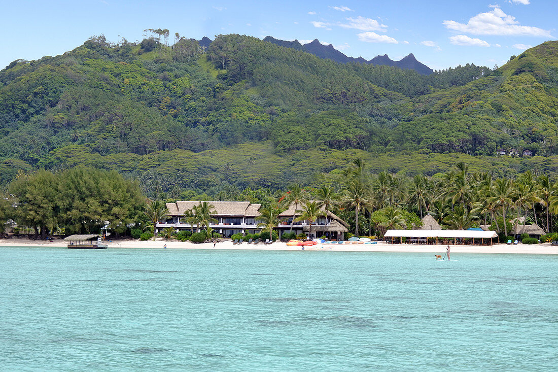 Landscape view from a boat of Muri lagoon beach in Rarotonga, Cook Islands. Copy space