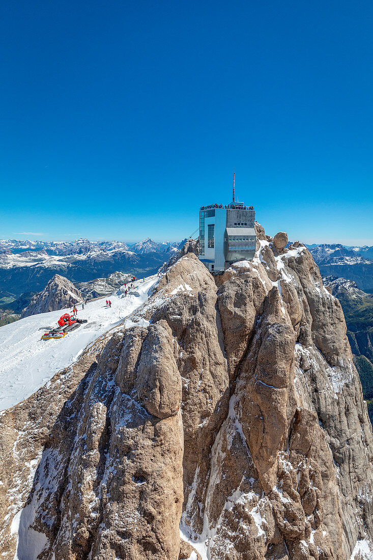 cable car station at Punta Rocca (mt 3265), in Marmolada and panoramic terrace with wonderful view on the Dolomites, Rocca Pietore, Belluno, Veneto, Italy