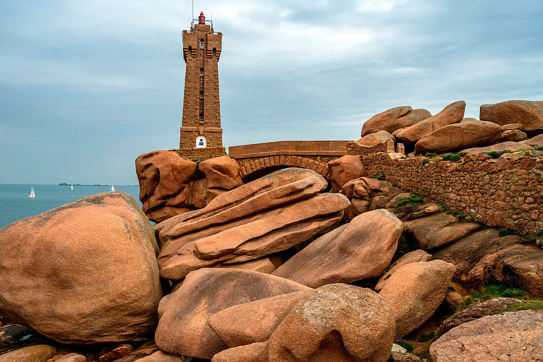 Ploumanac'h lighthouse (Mean Ruz lighthouse),pink granite coast,Route des Phares,(lighthouse route), Britanny, France 