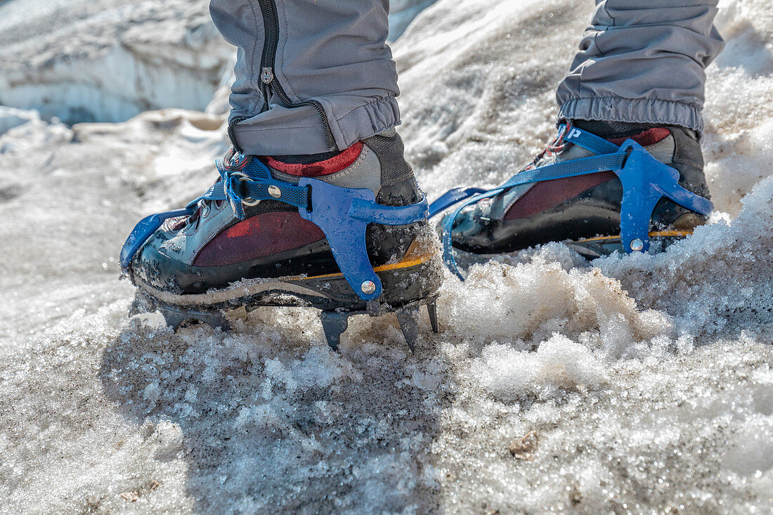 detail of a mountaineer wearing ice crampons, marmolada glacier, Trentino alto Adige, Dolomites, Italy