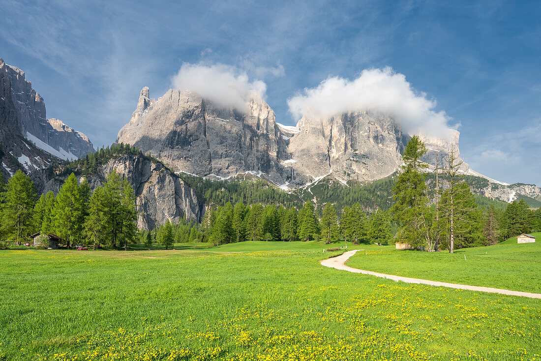 Colfosco, Dolomiten, Bezirk Bozen, Südtirol, Italien, Europa. Berge der Sella, von den Wiesen in der Umgebung von Colfosco gesehen