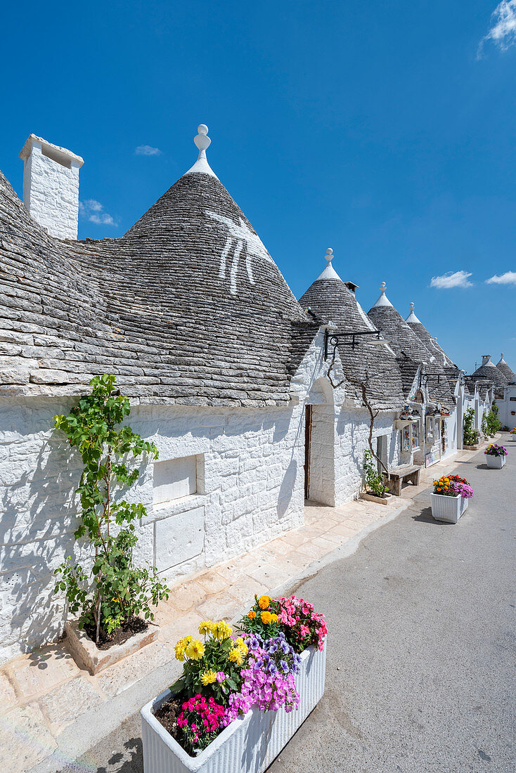 Alberobello, Provinz Bari, Apulien, Italien, Europa. Die typischen Trulli-Hütten