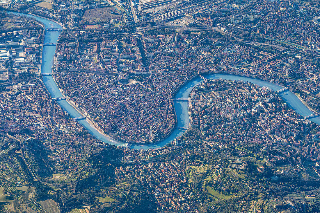 Verona, Veneto, Italy, Europe. Crossing the alps in a hot air balloon. View from the Balloon to the city of Verona