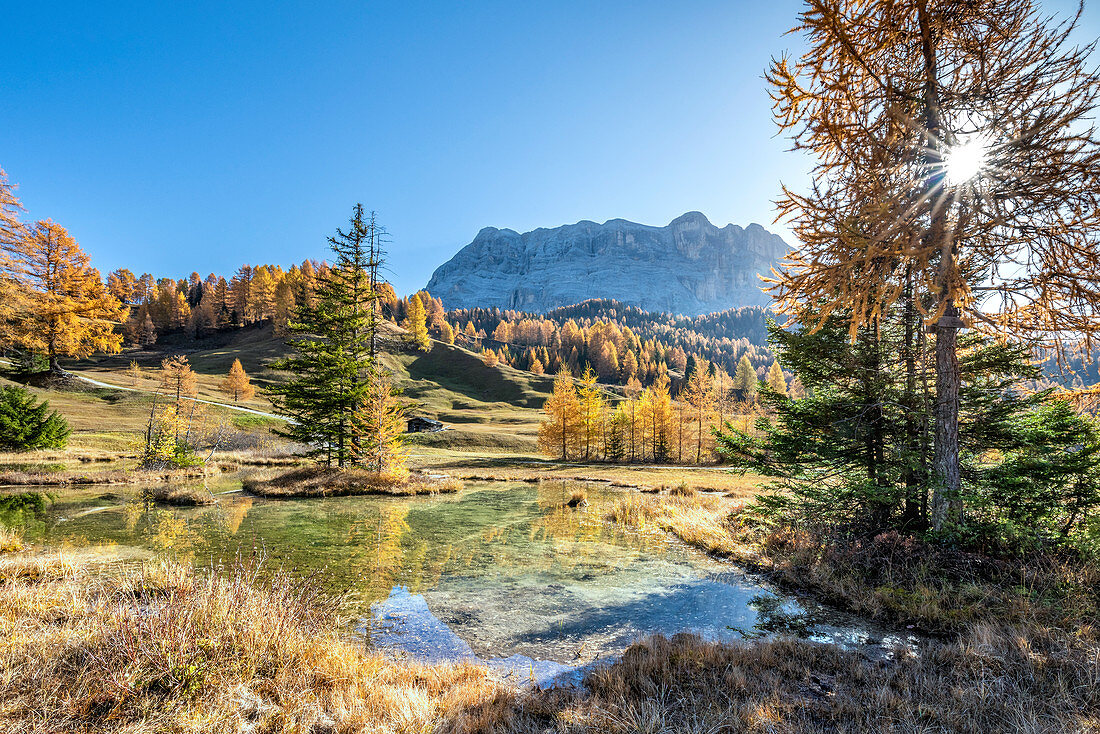 Alta Badia, Provinz Bozen, Südtirol, Italien, Europa. Herbst auf den Armentara-Wiesen oberhalb der Berge Zehner und Heiligkreuzkofel