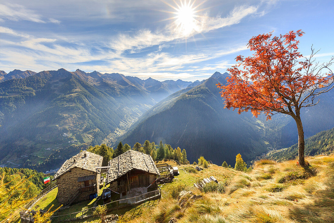 Sunburst auf der herbstlichen Landschaft bei Alpe Paglia, Tartano Valley, Provinz Sondrio, Valtellina, Lombardei, Italien