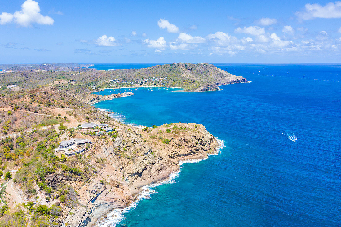 Aerial view of cliffs towards Galleon Beach and English Harbour, Antigua, Caribbean, West Indies, Leeward Islands