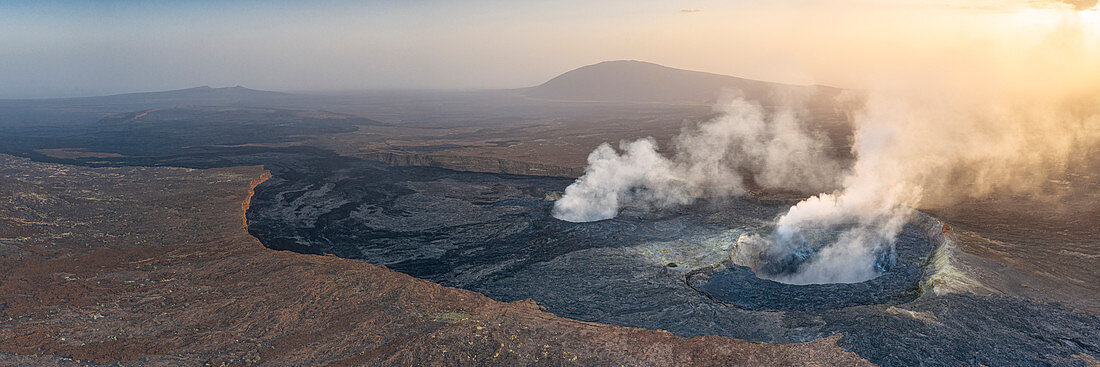 Panoramic of fumarole coming out of Erta Ale volcano, Danakil Depression, Afar Region, Ethiopia, Africa