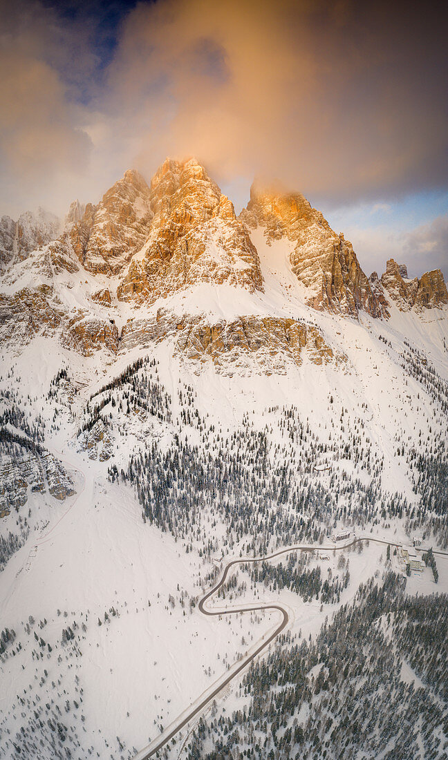 Aerial panoramic of Monte Cristallo covered with snow from Passo Tre Croci, Dolomites, Belluno province, Veneto, Italy