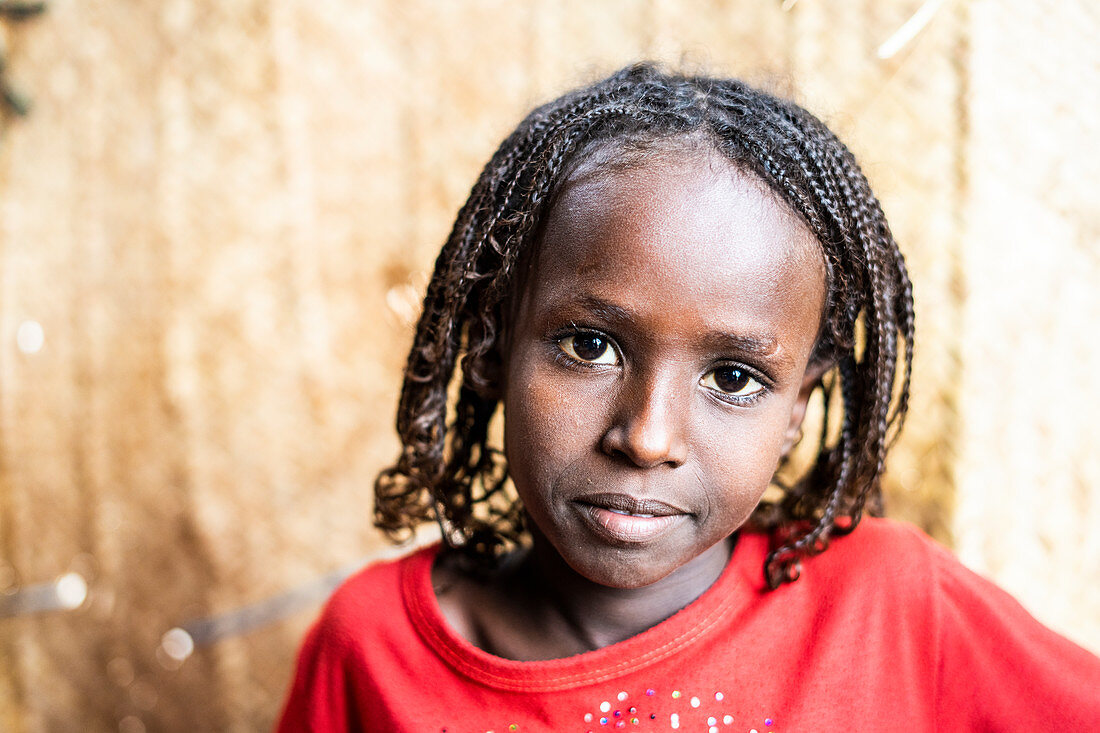 Cute little girl with braids, Melabday, Asso Bhole, Danakil Depression, Afar Region, Ethiopia, Africa