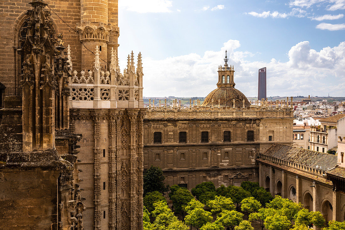 Vom Giralda-Turm aus haben Sie einen hohen Blick auf den Patio de los Naranjos der Kathedrale von Sevilla. Kathedrale von Sevilla, Sevilla, Andalusien, Spanien