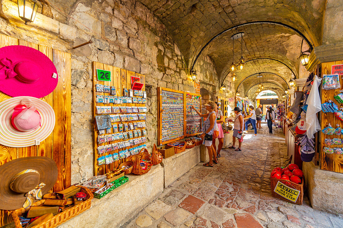 View of Old Town market stalls in Kotor, UNESCO World Heritage Site, Kotor, Montenegro, Europe