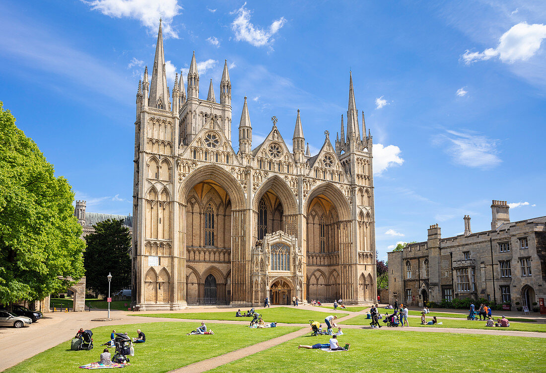 Peterborough Cathedral, Minster Precinct, Great West Front and portico, Peterborough, Cambridgeshire, England, United Kingdom, Europe