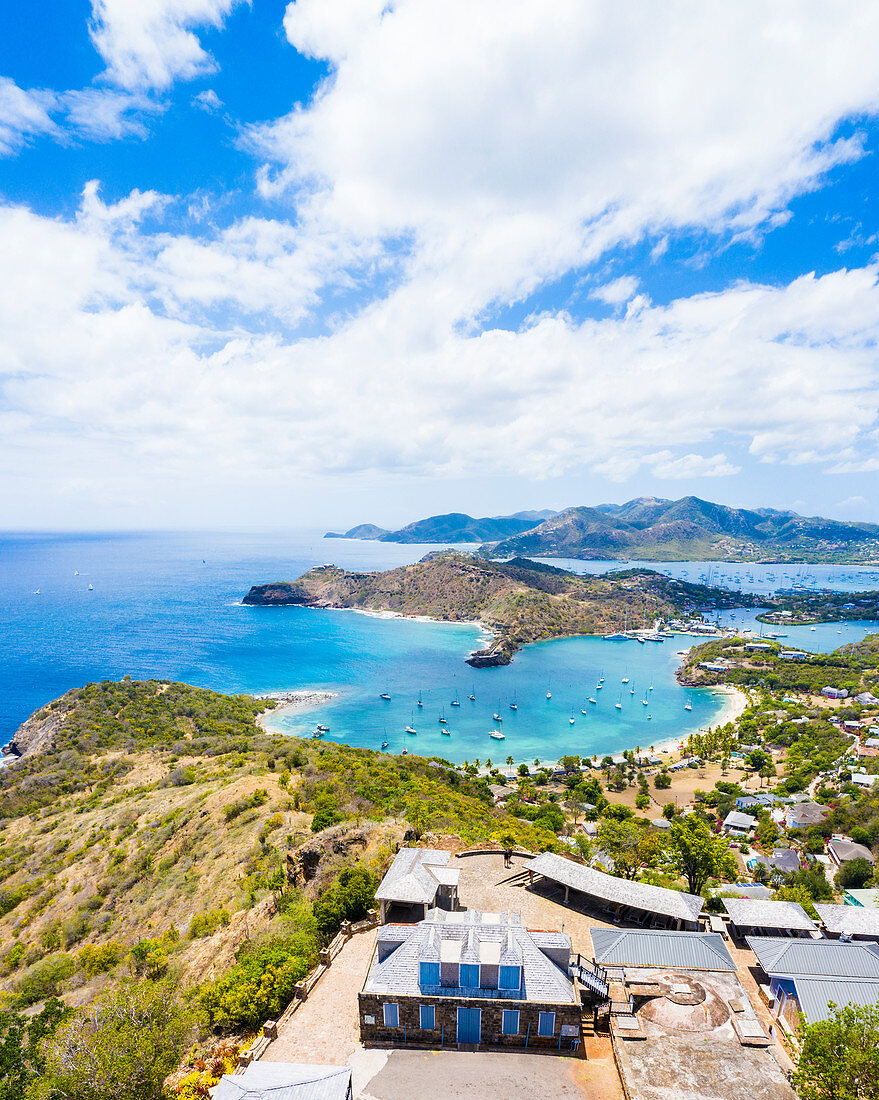Aerial panoramic by drone of Shirley Heights towards Galleon Beach and English Harbour, Antigua, Leeward Islands, West Indies, Caribbean, Central America
