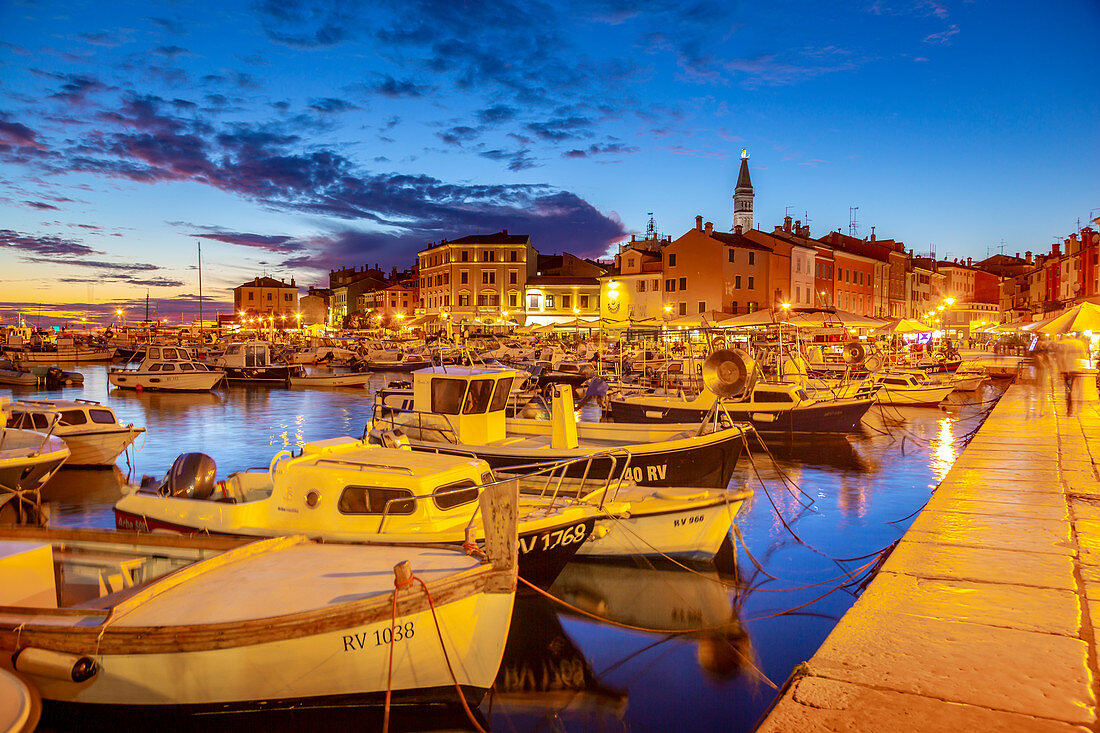 View of harbour and the old town with the Cathedral of St. Euphemia at dusk, Rovinj, Istria, Croatia, Adriatic, Europe