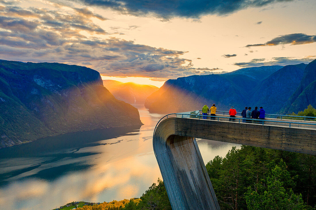 People admiring sunset from Stegastein viewpoint, aerial view, Aurlandsfjord, Sogn og Fjordane county, Norway, Scandinavia, Europe