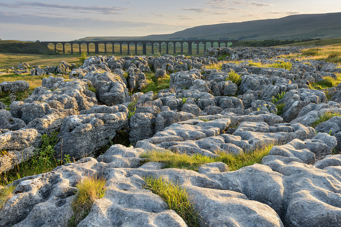 Kalksteinpflaster und das Ribblehead-Viadukt in den Yorkshire Dales, Yorkshire, England, Vereinigtes Königreich, Europa