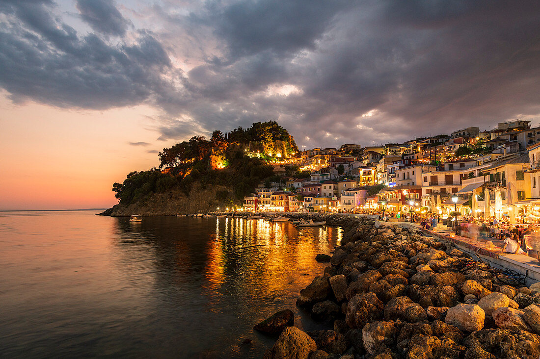 Evening view of Parga Castle and resort, Preveza, Greece, Europe
