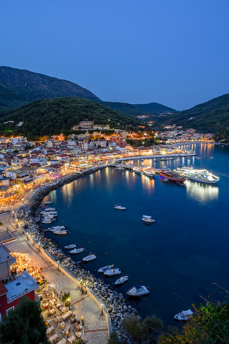 Elevated view of Parga town at night, Parga, Preveza, Greece, Europe